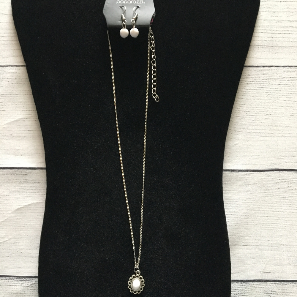 Silver and White Floral Necklace and Earring Set